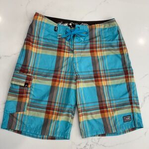Vintage Lost Board Shorts Mens 33 Surf Skate Swimwear Plaid Y2K Drawstring Beach